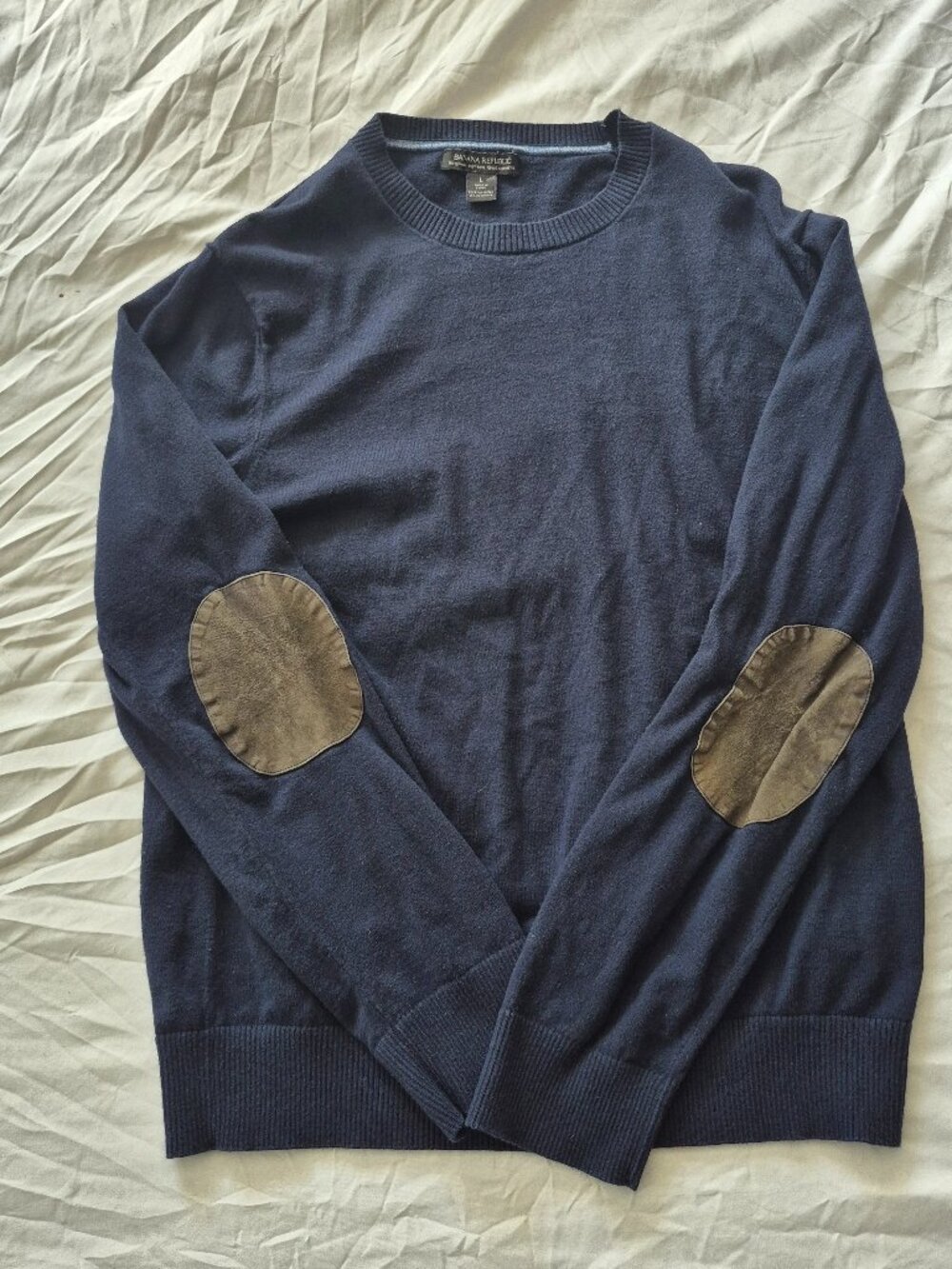 Banana Republic Navy Cashmere Blend Sweater Men's Large Elbow Patch Crewneck